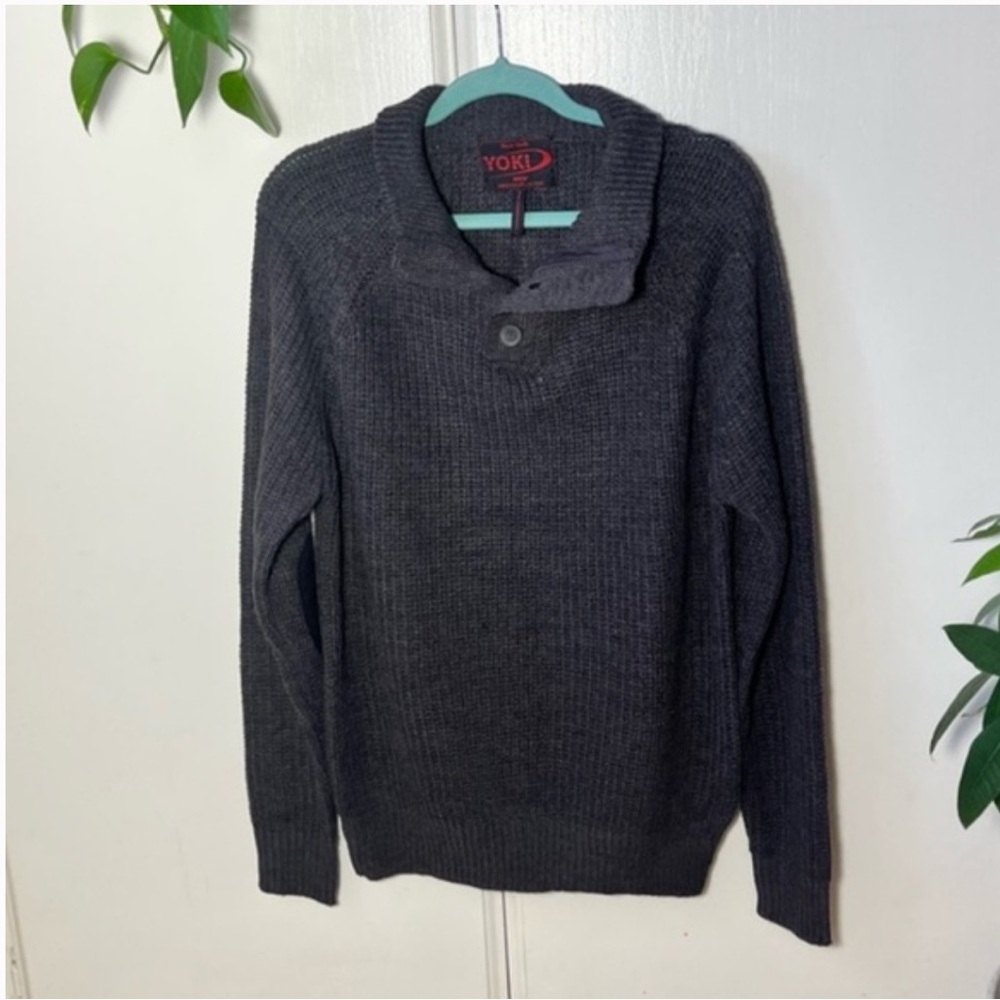 Yoki Sweater in Gray Ribbed Long Sleeves with Elbow Patches & Collar Mens Large